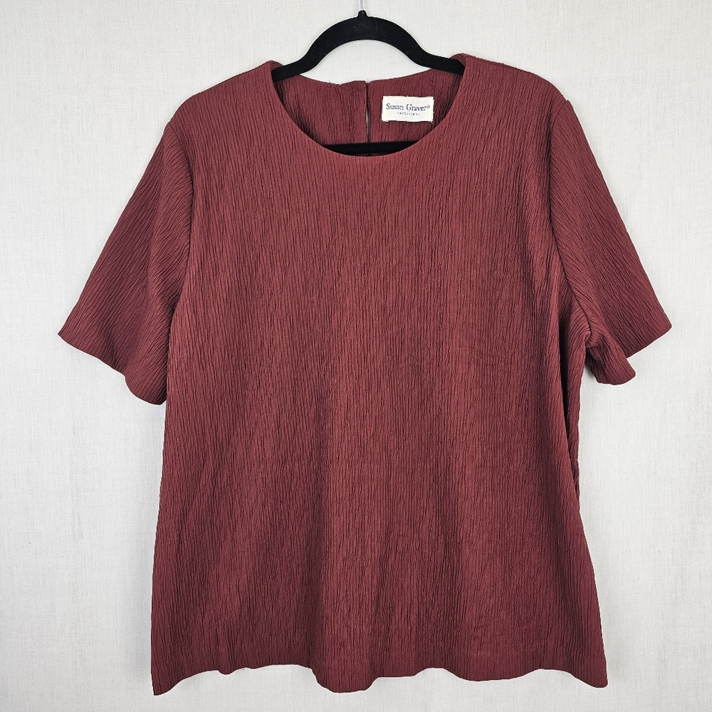 Susan‎ Graver Collection Cranberry Red Short Sleeve Textured Shirt SZ XL